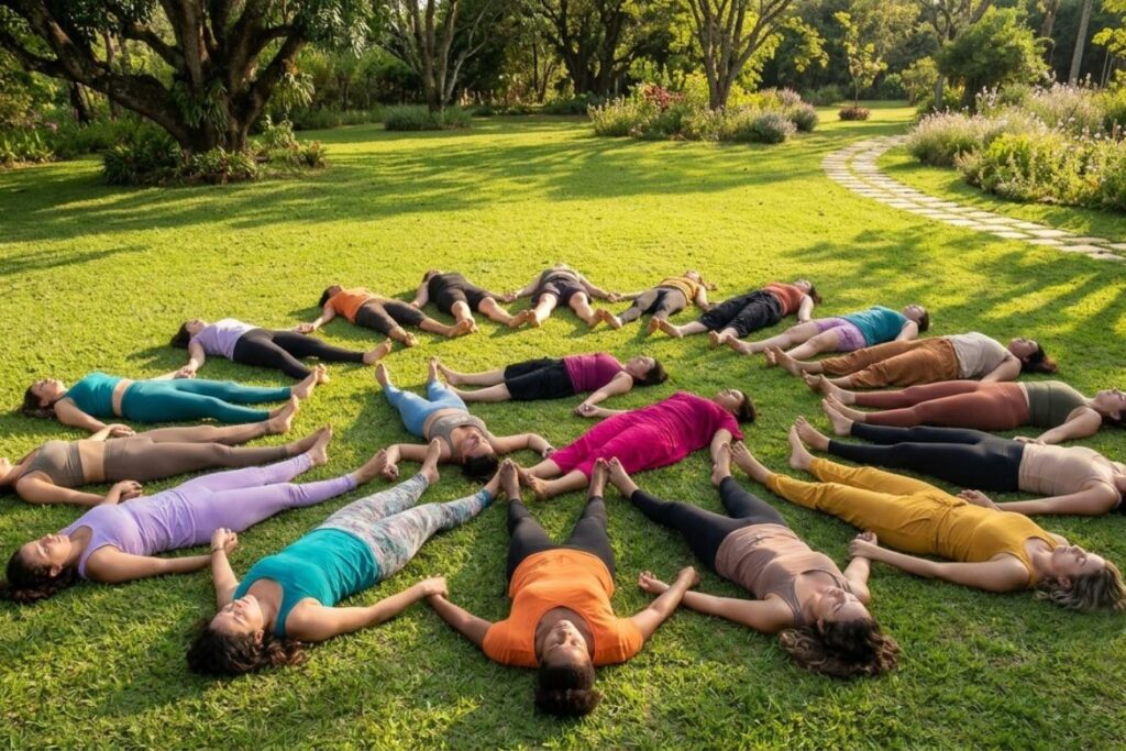 Grupo de mulheres deitadas na grama durante o Retiro Feminino Arte de Ser em Piedade SP